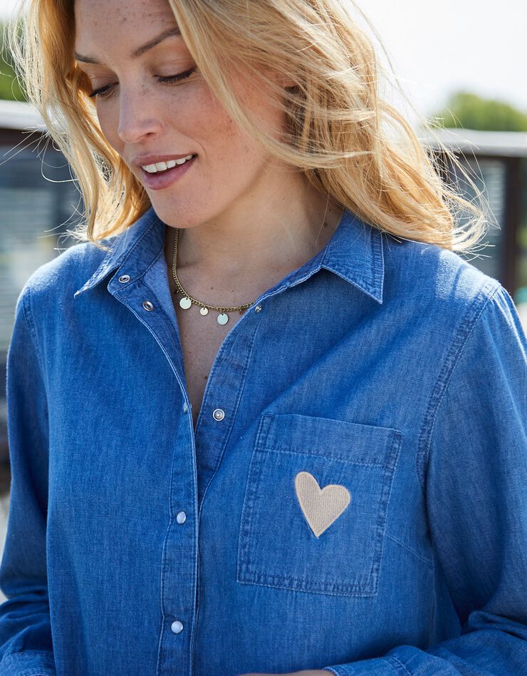 Chemise longue brodée "coeur", jean (bleached) Chemise longue brodée "coeur", jean (bleached)