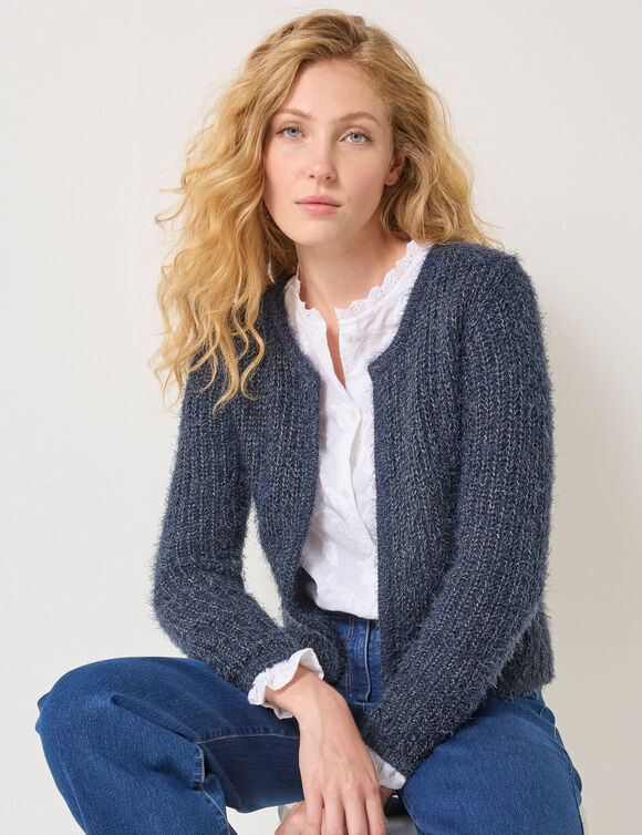 Gilet paletot, maille perlée fantaisie (marine)