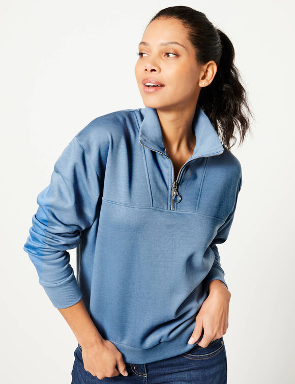 Sweat col montant zippé en molleton gratté (bleu jean)