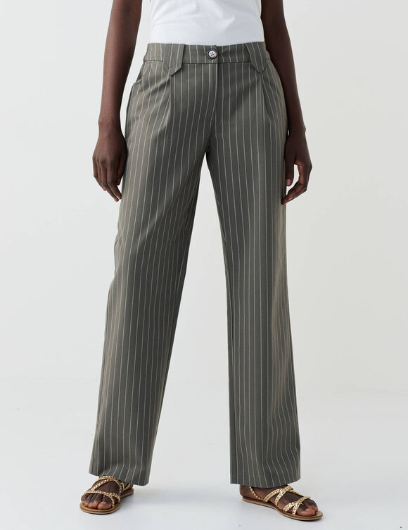 Pantalon droit large, ray&eacute; (kaki / &eacute;cru)