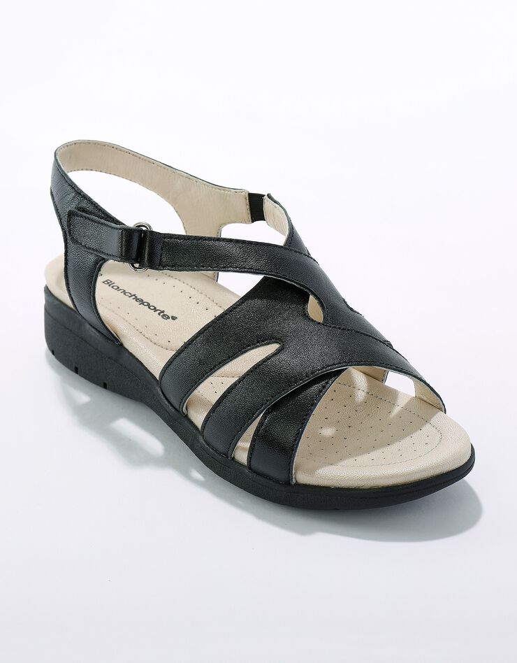 Sandales compensées confort en cuir à bride scratchée (noir)