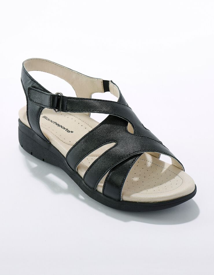 Sandales compensées confort en cuir à bride scratchée (noir) Sandales compensées confort en cuir à bride scratchée (noir)