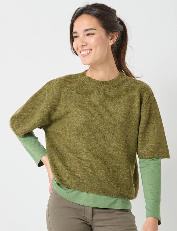 Pull loose manches coudes, laine et mohair mélangés (vert mousse)