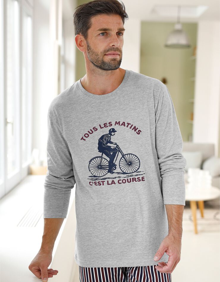 Pyjama motif cycliste message manches longues (gris chiné / bordeaux)