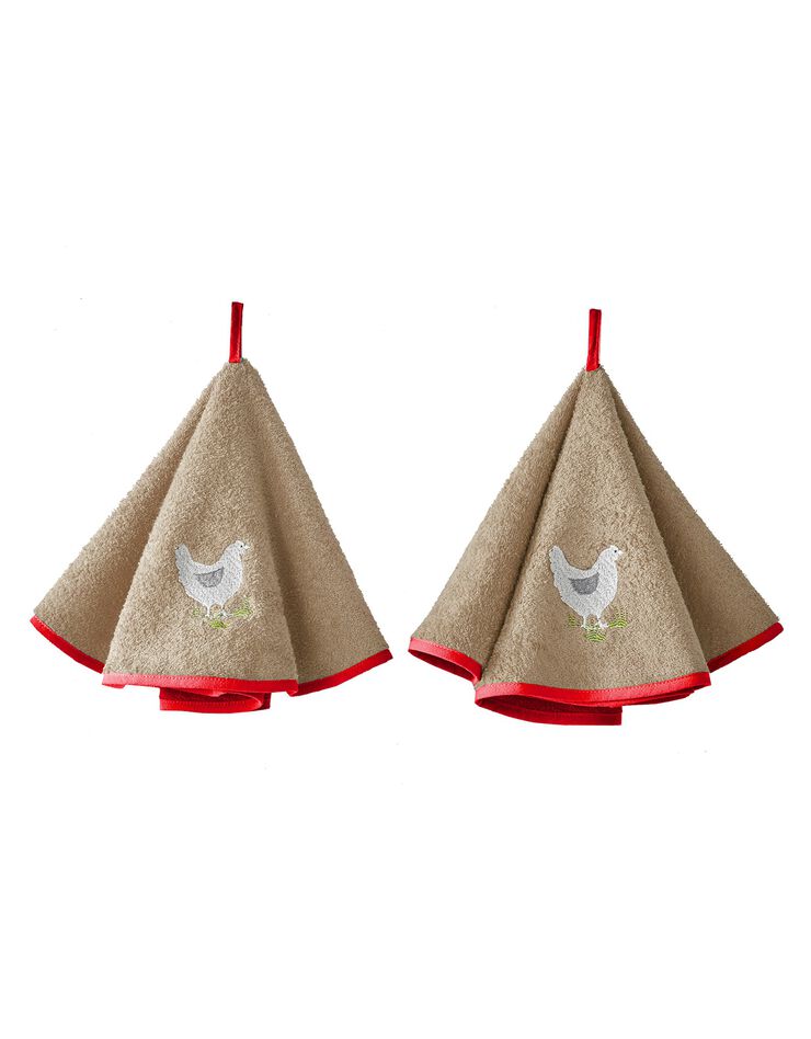 Torchons rond éponge brodée poule - lot de 2 (beige) Torchons rond éponge brodée poule - lot de 2 (beige)