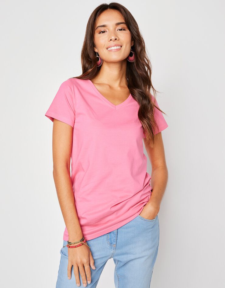 Tee-shirt col V uni manches courtes coton (rose) Tee-shirt col V uni manches courtes coton (rose)
