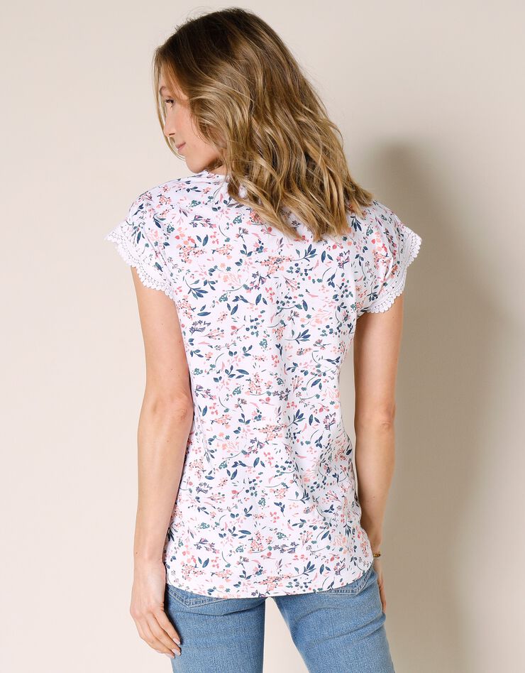 Tee-shirt imprimé col V macramé (blanc / corail)