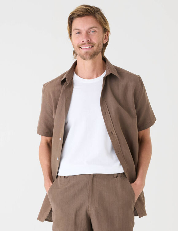 Chemise coton lin manches courtes boutonn&eacute;e (marron)