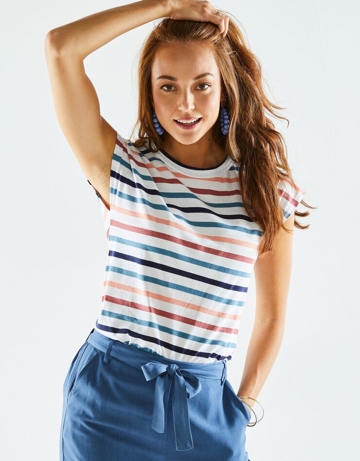 Tee-shirt rayé détail boutonné maille jersey (blanc / multicolore) Tee-shirt rayé détail boutonné maille jersey (blanc / multicolore)