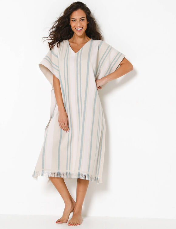Poncho de plage tiss&eacute; rayures doubl&eacute; &eacute;ponge (sable / lagon)