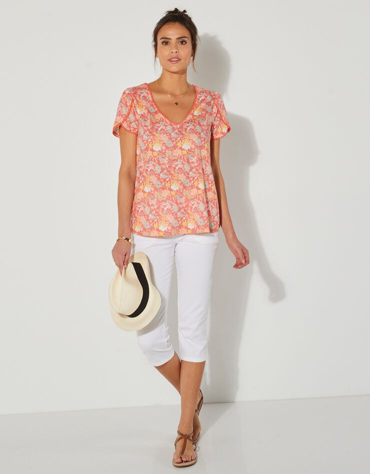Tee-shirt imprimé coupe loose effet lin (corail / rose) Tee-shirt imprimé coupe loose effet lin (corail / rose)