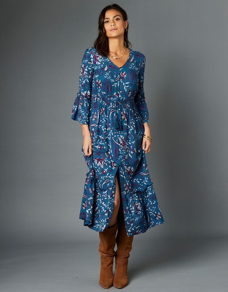 Robe longue imprimée boutonnée manches 3/4 pagodes (bleu vert) Robe longue imprimée boutonnée manches 3/4 pagodes (bleu vert)