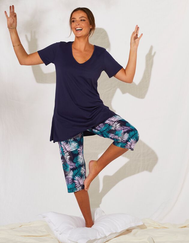 Pyjama avec pantacourt imprimé tropical (émeraude / marine)