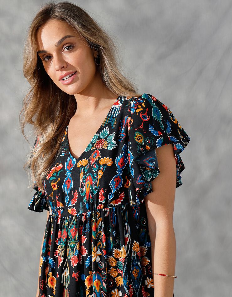 Robe courte manches "papillon", imprimé multicolore (noir / safran)