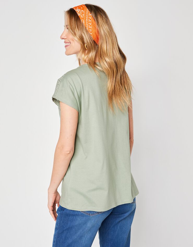 Tee-shirt boutonné, broderie anglaise (vert grisé) Tee-shirt boutonné, broderie anglaise (vert grisé)
