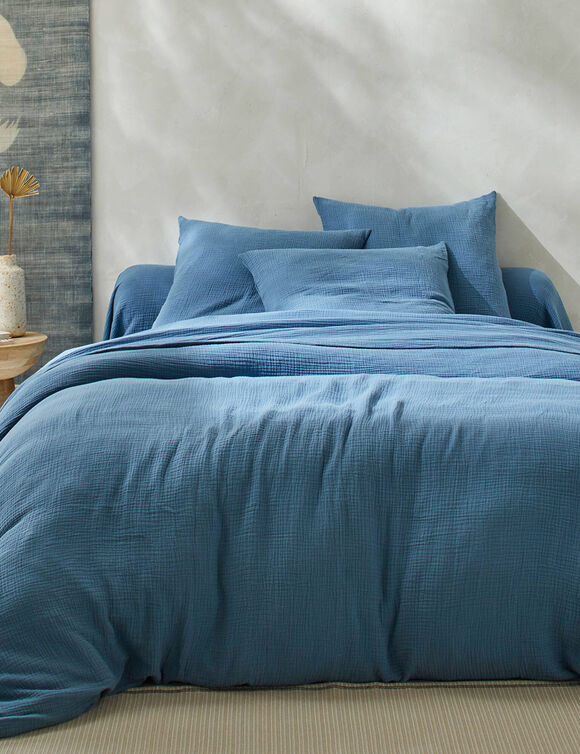Linge de lit uni en triple gaze de coton (bleu)