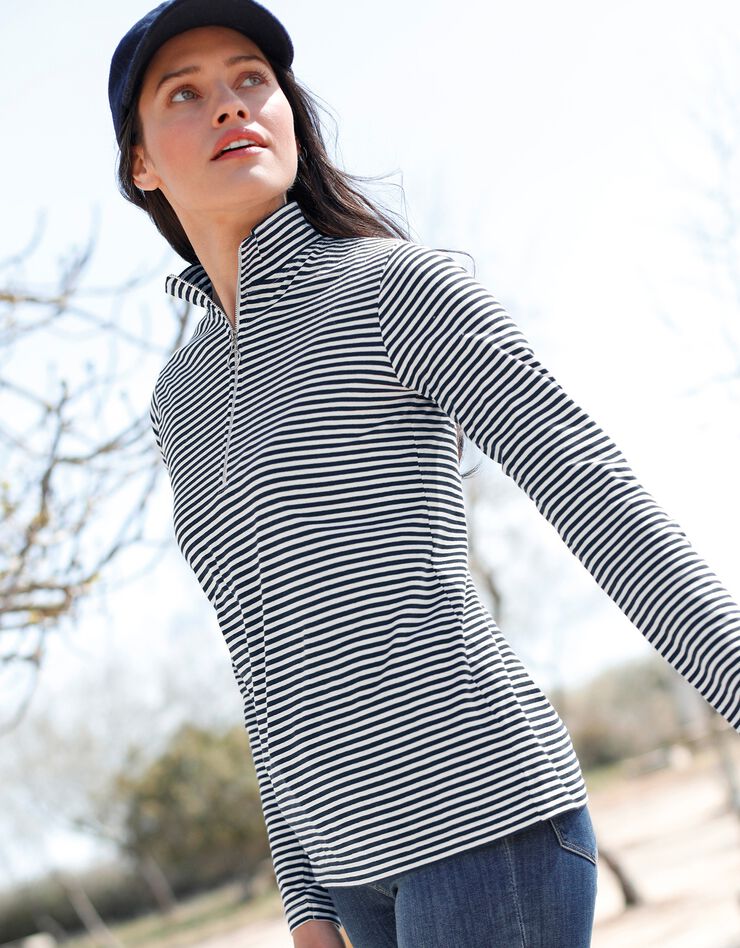 Tee-shirt col montant zippé rayé (marine / blanc)