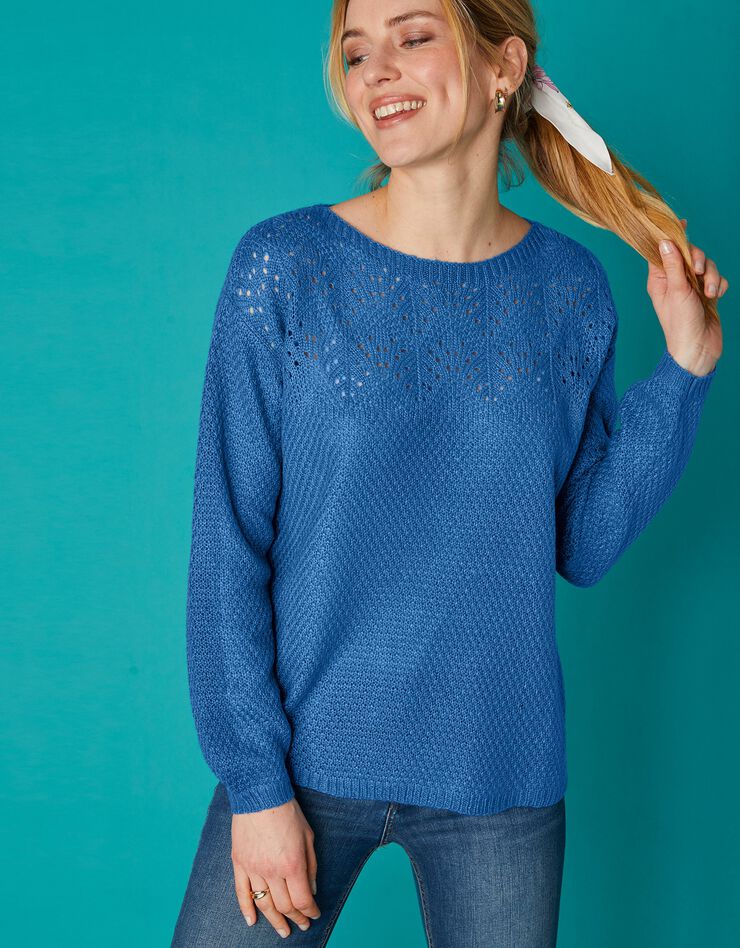 Pull col bateau, maille ajourée toucher mohair (bleu grisé) Pull col bateau, maille ajourée toucher mohair (bleu grisé)