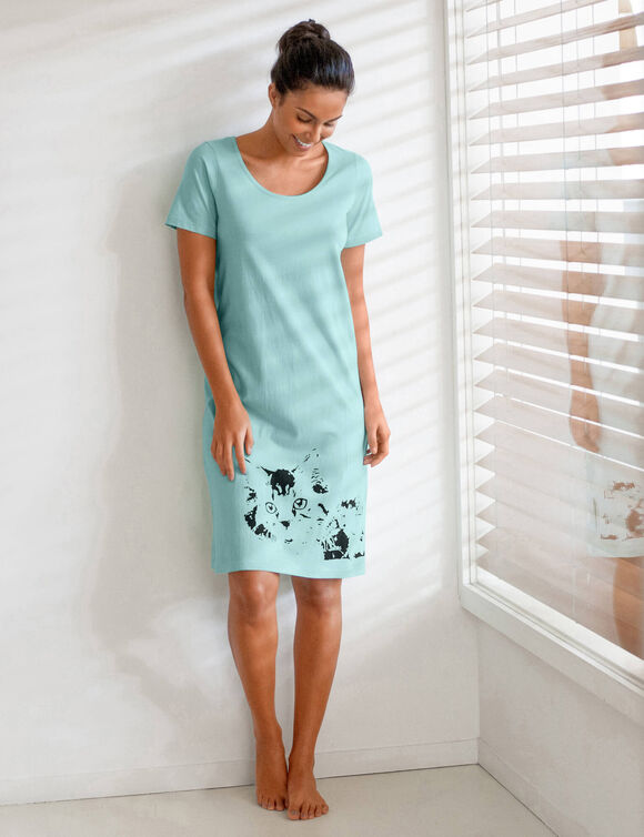 Chemise de nuit courte imprim&eacute; chat - lot de 2 (c&eacute;ladon / bleu)