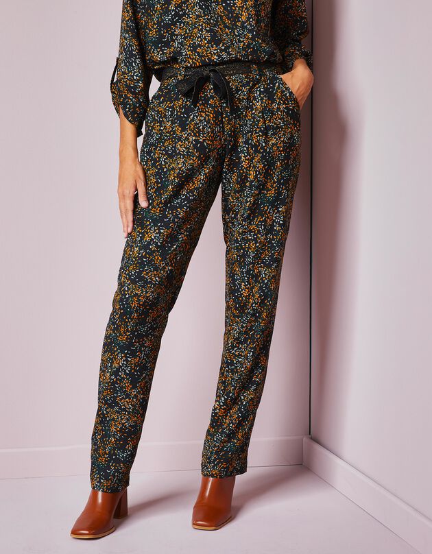 Pantalon imprimé chino ceinturé, crêpe (noir / kaki)