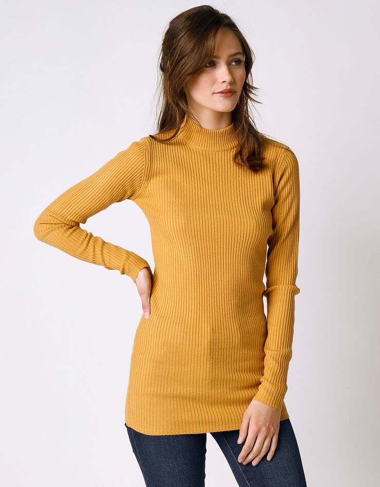 Pull col montant long, maille côtelée (miel) Pull col montant long, maille côtelée (miel)
