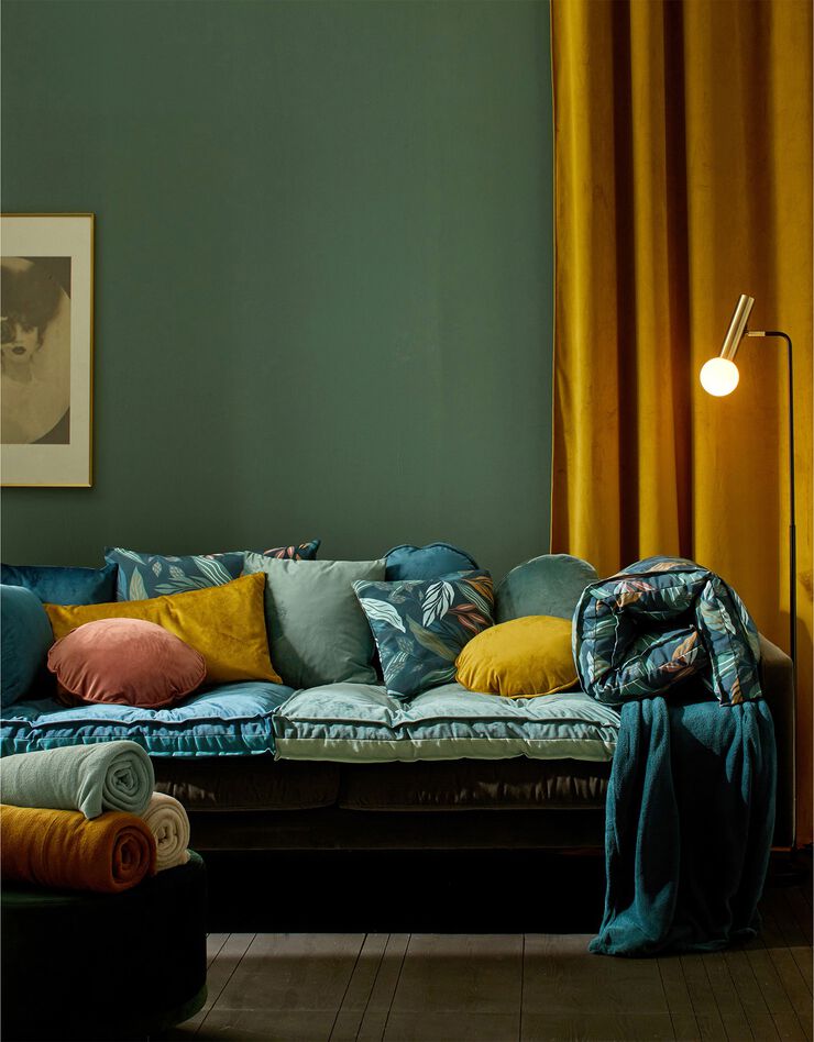 Housse coussin toile, imprimé végétal - lot de 2 (bleu paon)