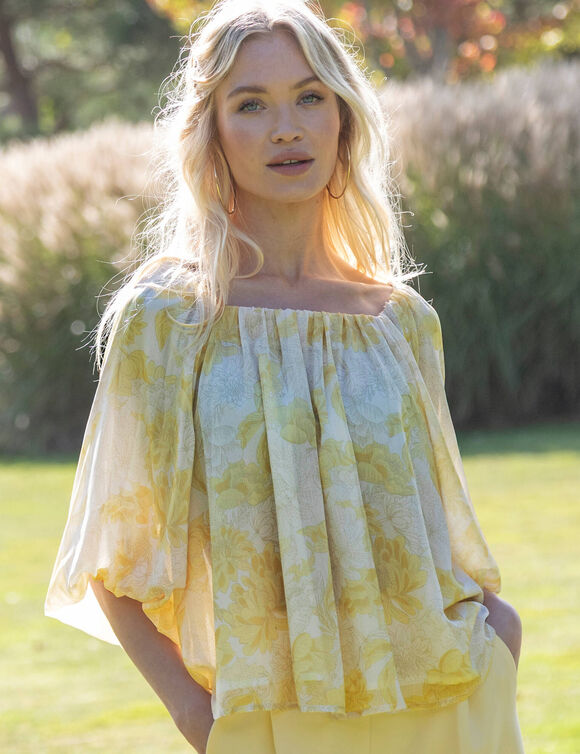 Blouse &eacute;lastiqu&eacute;e manches blousantes, mousseline imprim&eacute; fleuri (&eacute;cru / jaune)
