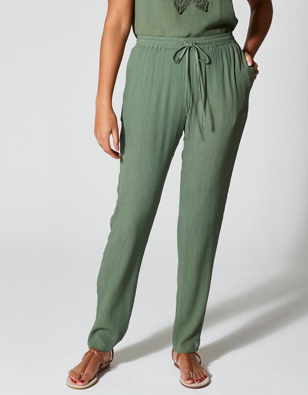 Pantalon droit uni, crépon fluide (kaki)