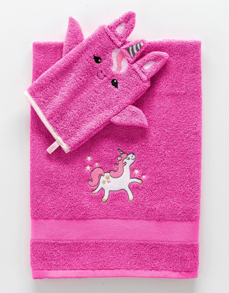 Collection éponge enfant brodée licorne coton - 380 g/m² (fuchsia)
