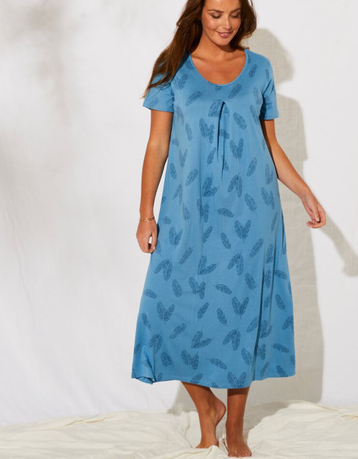 Chemise de nuit longue imprimée plumes (bleu jean) Chemise de nuit longue imprimée plumes (bleu jean)