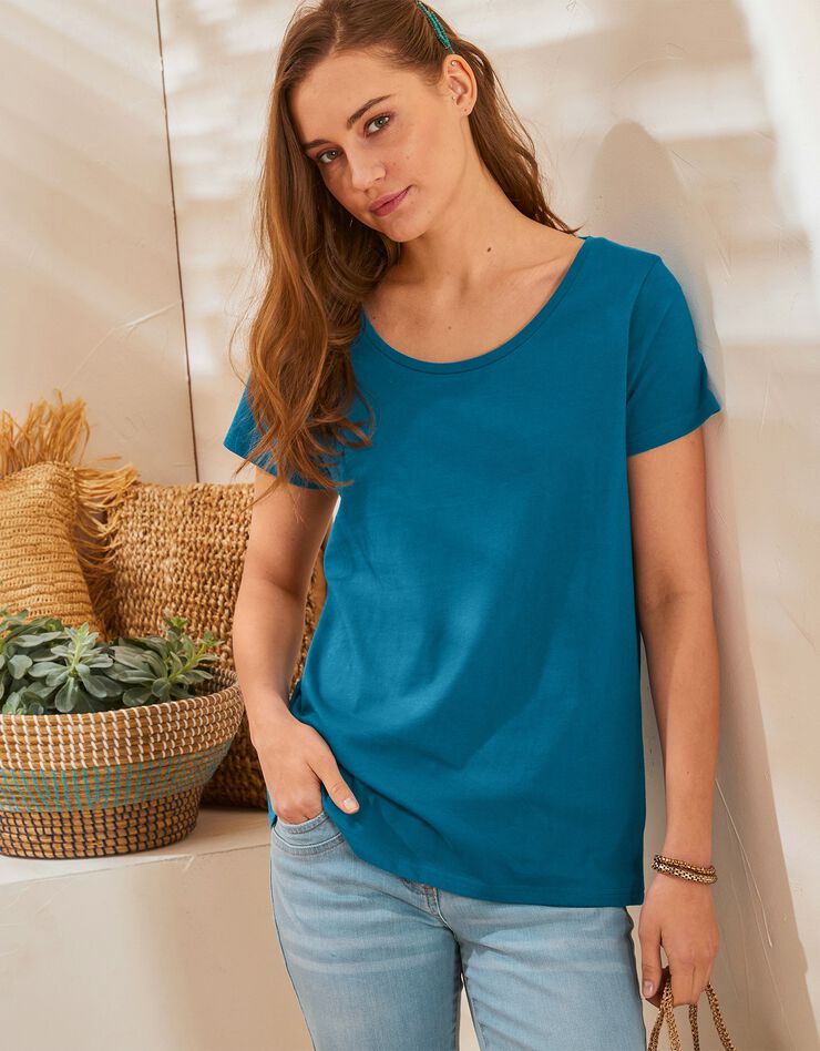 Tee-shirt col rond manches courtes uni coton (bleu paon)