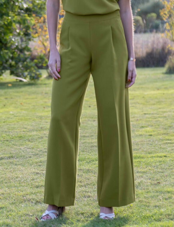 Pantalon large &agrave; pinces taille haute, uni (vert mousse)