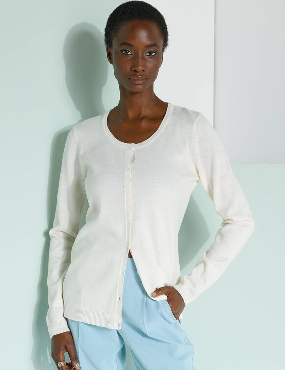 Cardigan boutonné col rond uni, toucher doux (écru)