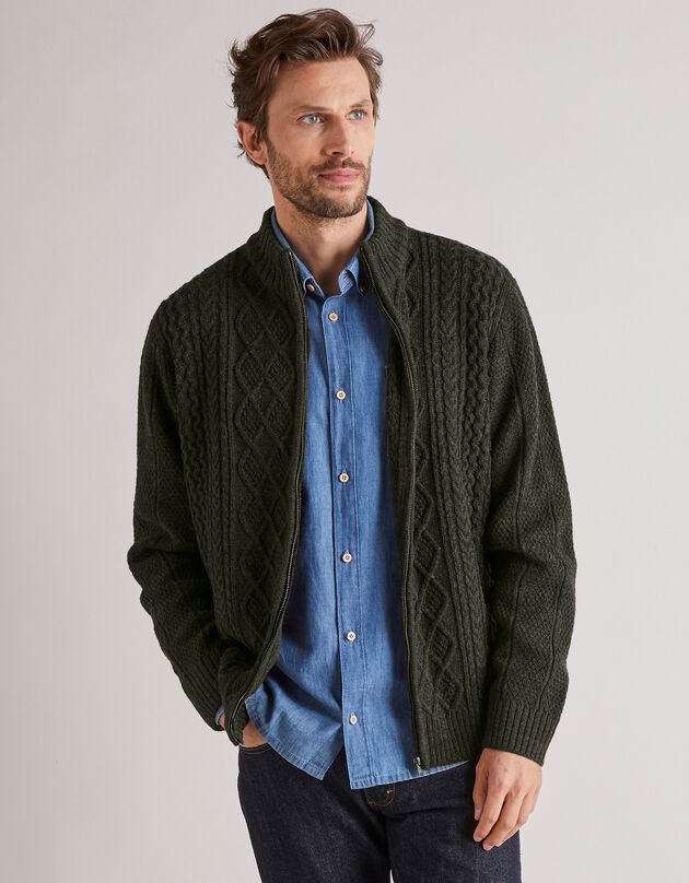 Gilet zippé maille irlandaise (kaki chiné)
