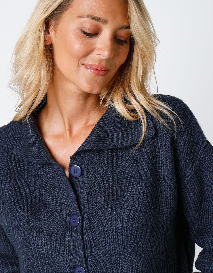 Cardigan maille fantaisie manches blousantes avec col (marine) Cardigan maille fantaisie manches blousantes avec col (marine)