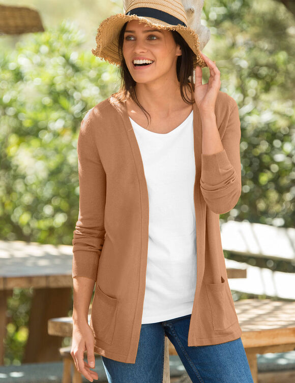 Gilet porter ouvert, maille toucher doux (noisette)