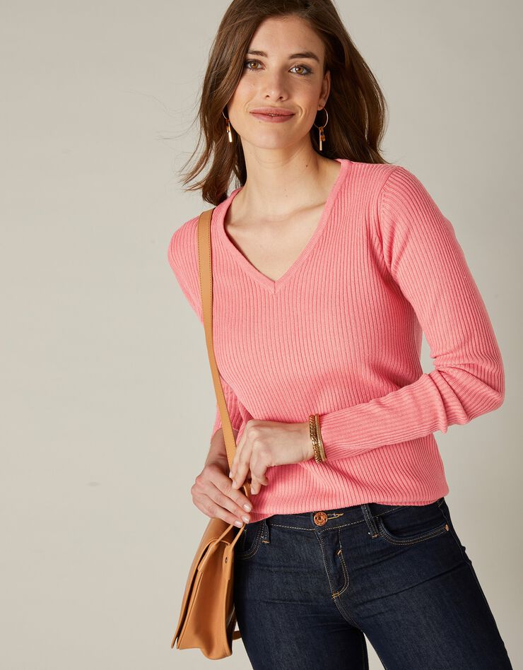 Pull maille côtelée col V uni (corail) Pull maille côtelée col V uni (corail)