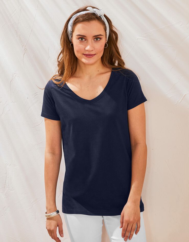 Tee-shirt col V uni manches courtes coton (marine) Tee-shirt col V uni manches courtes coton (marine)