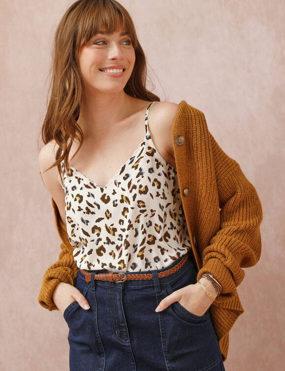 Caraco fines bretelles festonné motif léopard (grège / chocolat)