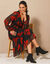 Robe longue volant, voile imprim&eacute; (noir / rouge)