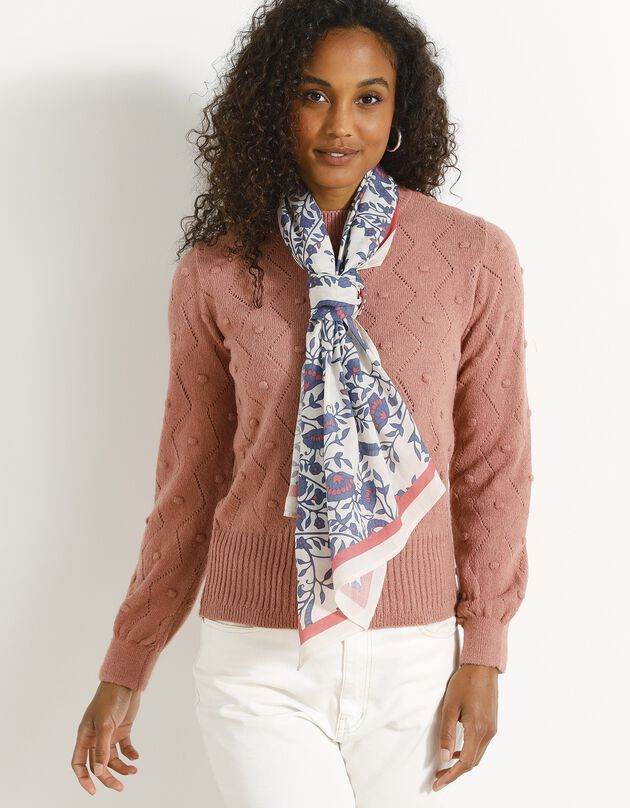 Foulard style chèche fabriqué en France imprimé cachemire, 160 x 70 cm - coton (écru / bleu)