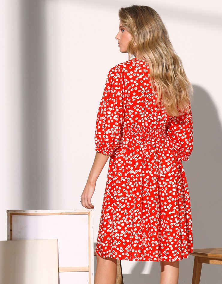 Robe fluide boutonné base évasée imprimé fleuri (rouge / écru)
