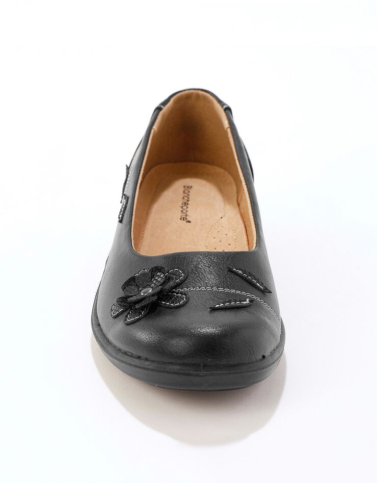 Ballerines en cuir à fleur appliquée largeur confort - noir (noir) Ballerines en cuir à fleur appliquée largeur confort - noir (noir)
