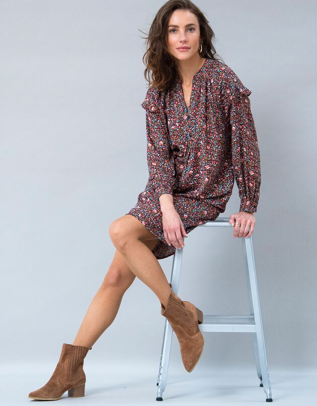 Robe forme housse volantée imprimé floral en polyester recyclé(1) (indigo / paprika)