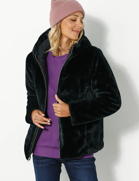 Veste fausse fourrure réversible en doudoune (noir)