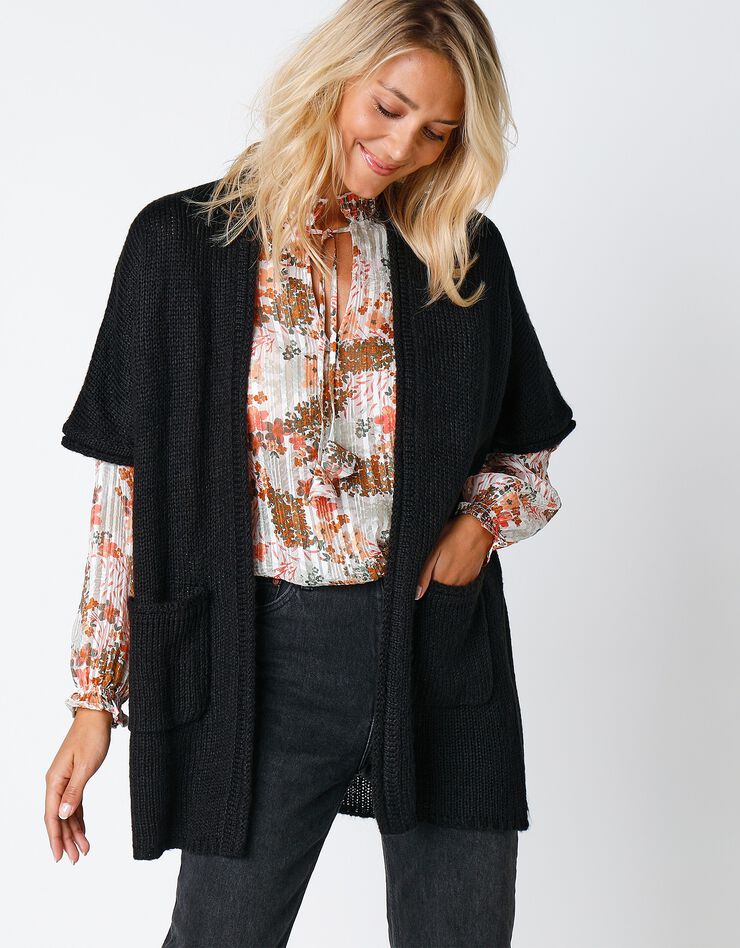 Gilet long toucher mohair manches courtes (noir) Gilet long toucher mohair manches courtes (noir)