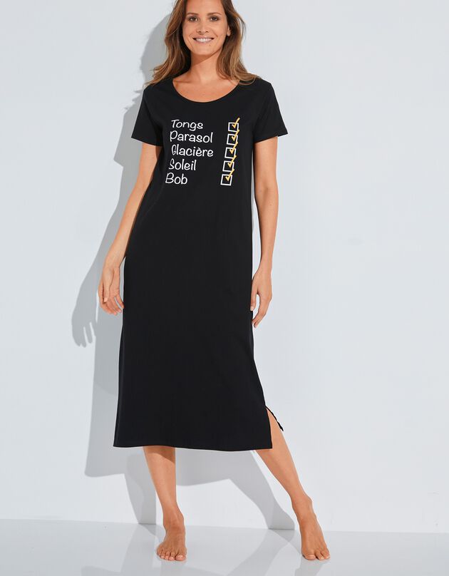 Chemise de nuit longue imprimé messages "vacances" (noir) Chemise de nuit longue imprimé messages "vacances" (noir)