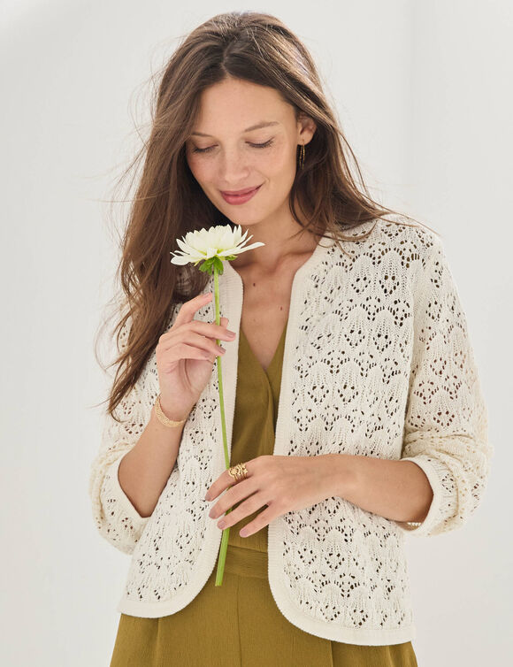 Gilet manches longues, maille ajour&eacute;e fantaisie (&eacute;cru)