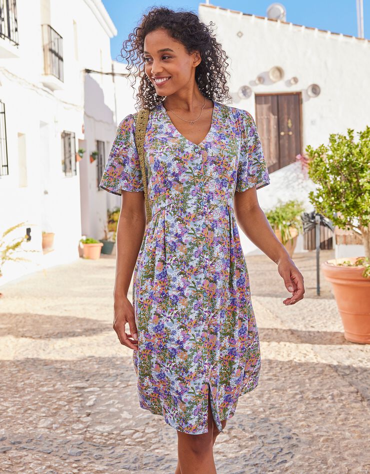 Robe boutonnée manches "papillon" imprimée (bleu grisé)