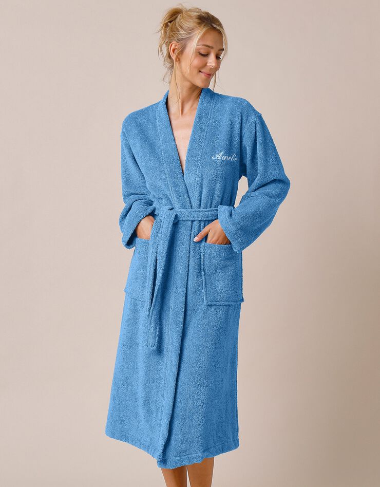 Peignoir mixte adulte uni coton éponge bouclette col kimono personnalisé (bleu jean) Peignoir mixte adulte uni coton éponge bouclette col kimono personnalisé (bleu jean)
